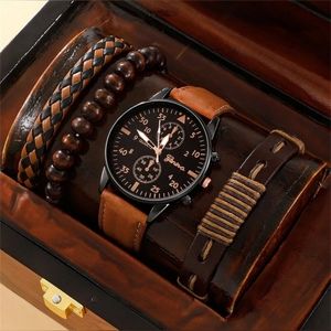 4pcs of brown and black  leather watch and bracelet